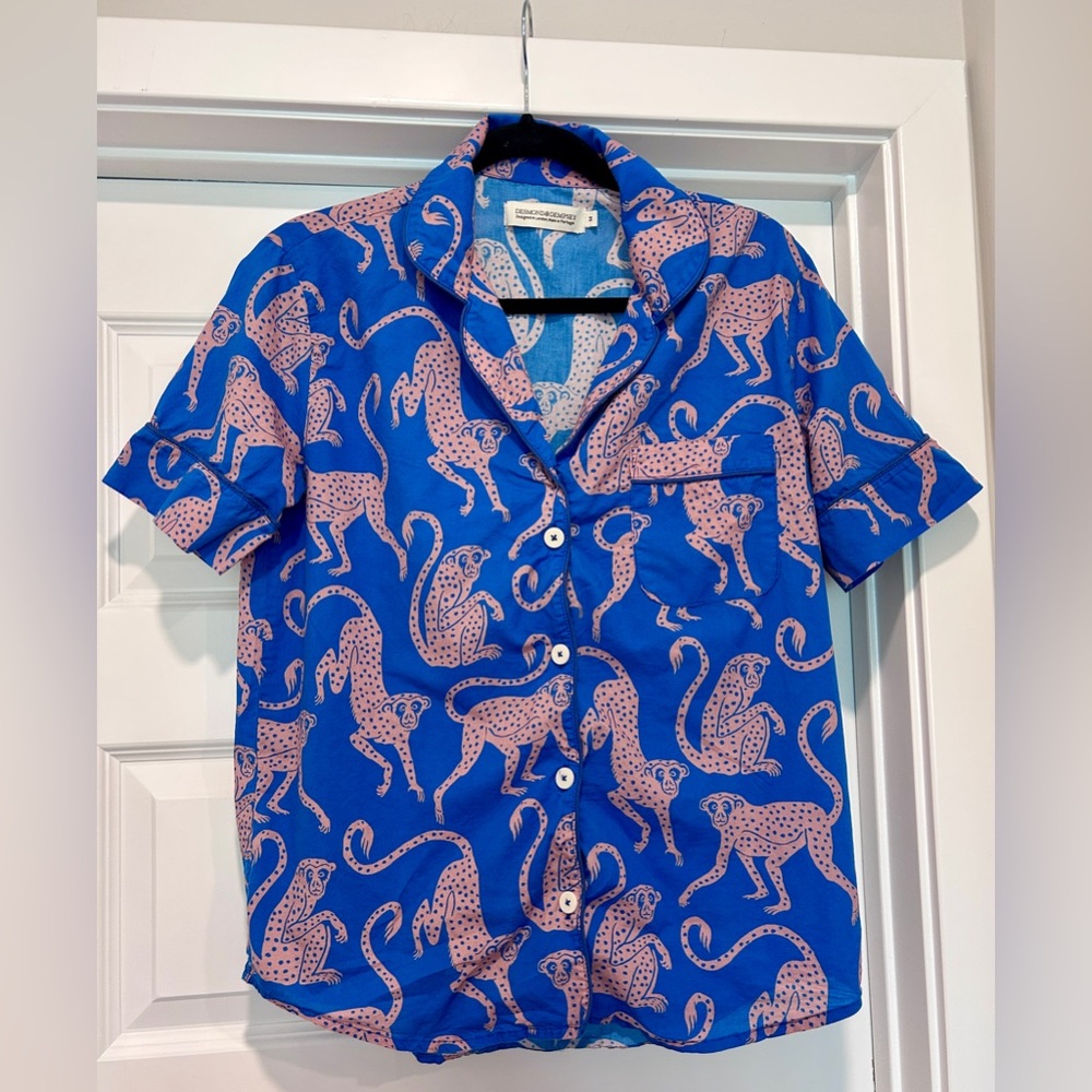 Desmond & Dempsey Pajama Top Shirt Size M Tropical Monkey Short Sleeve Button Up - Picture 2 of 8